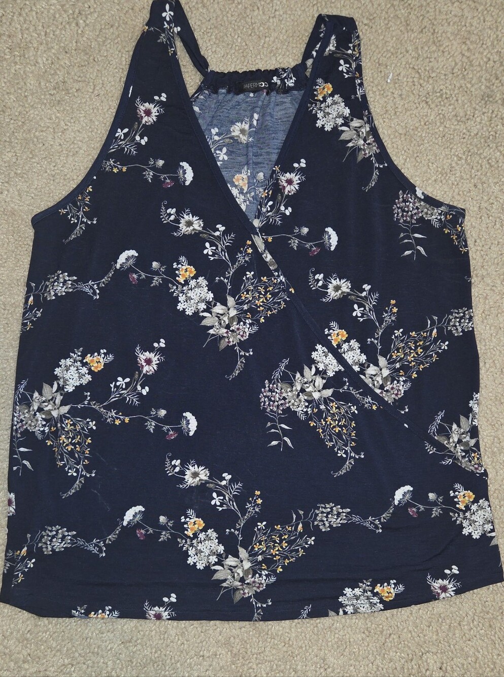 Paper Moon Navy Floral Faux Wrap Halter Tank Top Crossover Front
